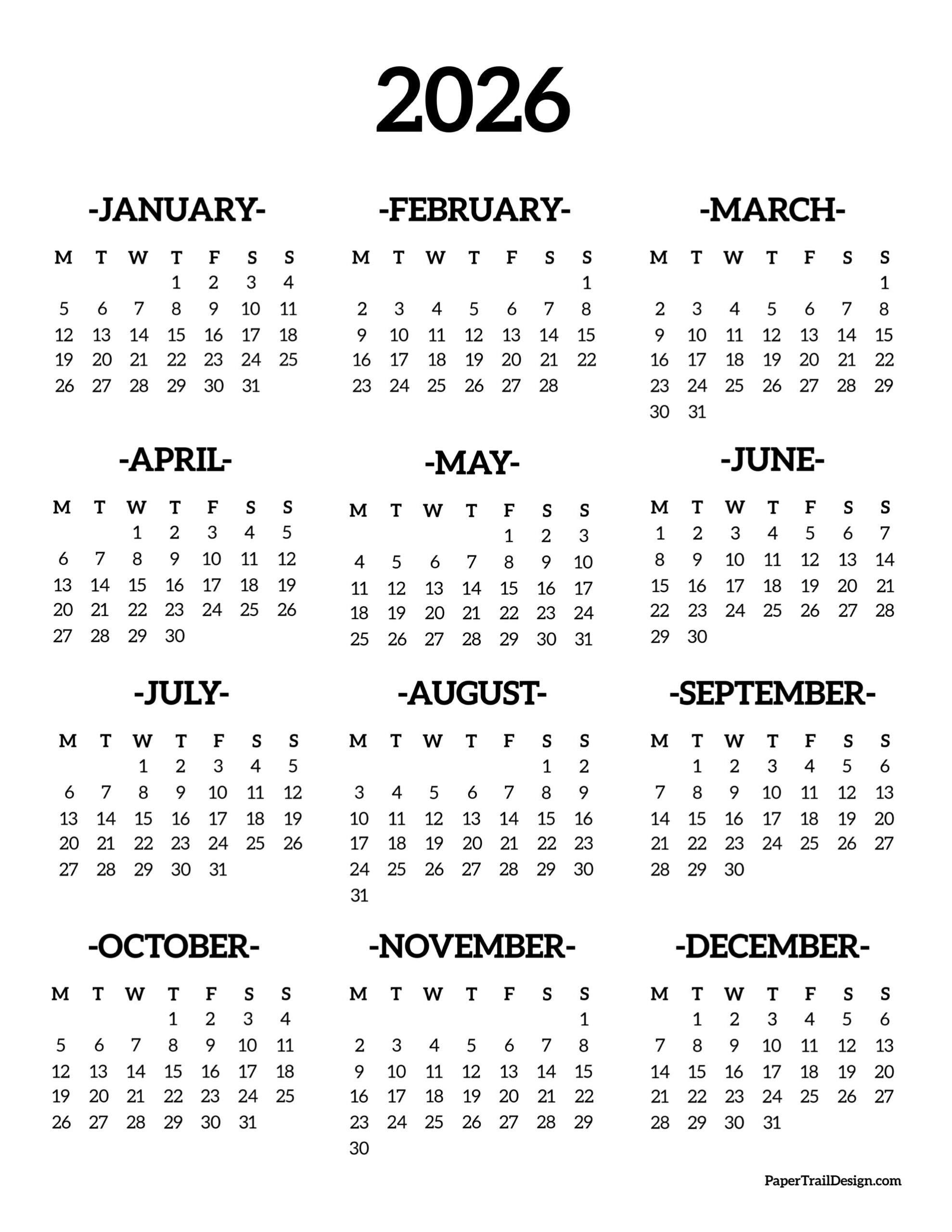 2026 Monday Start Calendar One Page - Paper Trail Design intended for 2026 Calendar Printable Starting Monday