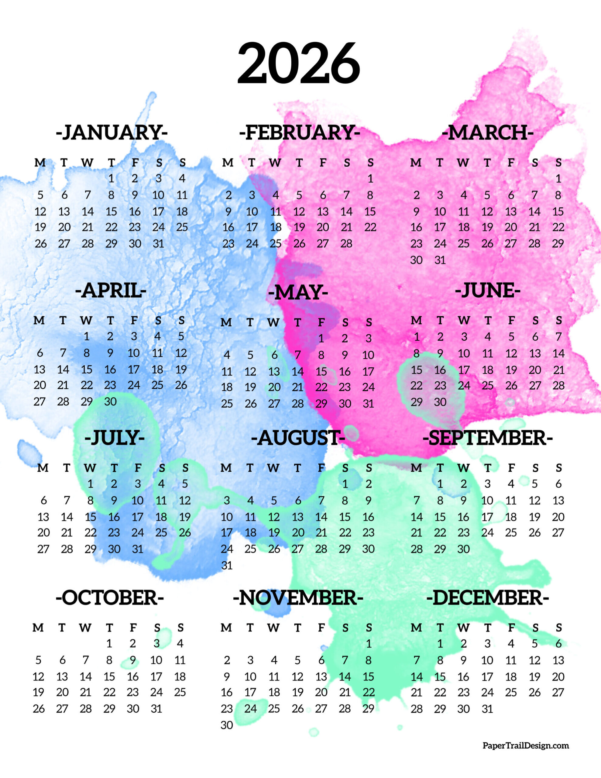 2026 Monday Start Calendar One Page - Paper Trail Design pertaining to Calendar 2026 Printable Monday Start