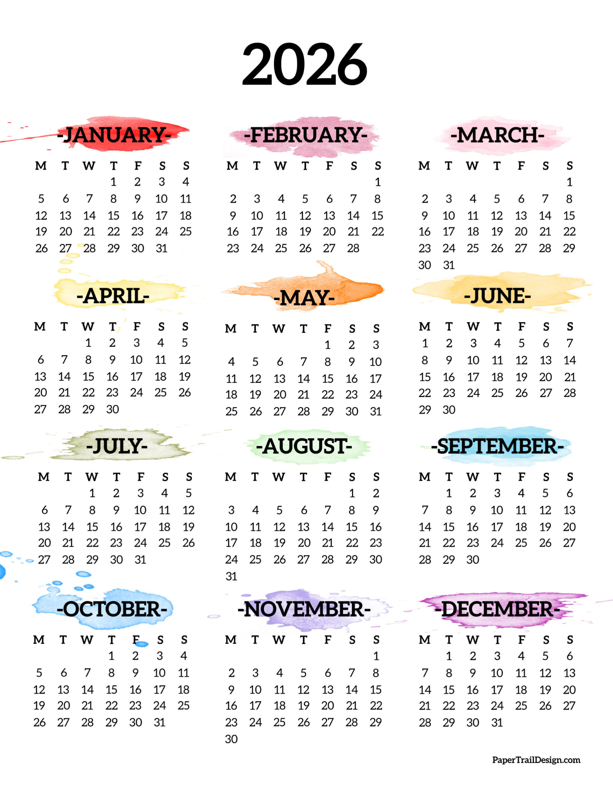 2026 Monday Start Calendar One Page - Paper Trail Design regarding 2026 Calendar Printable Monday Start