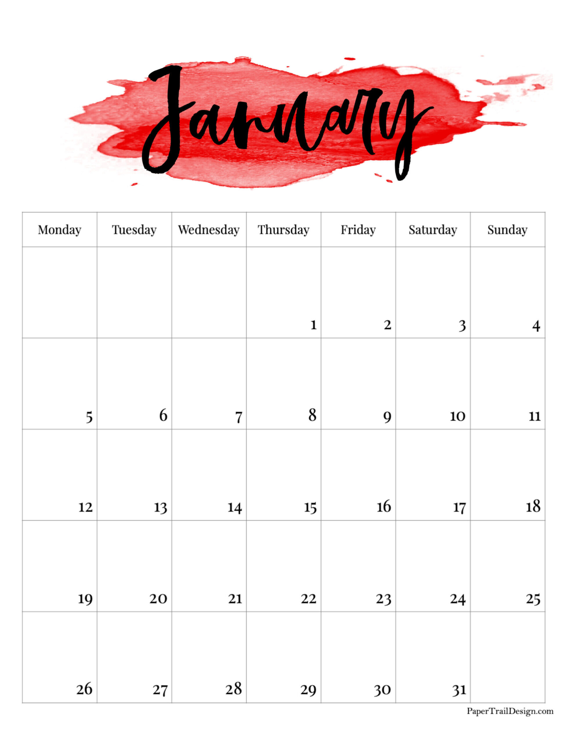 2026 Monday Start Watercolor Calendar - Paper Trail Design with regard to January 2026 Calendar Printable Monday Start
