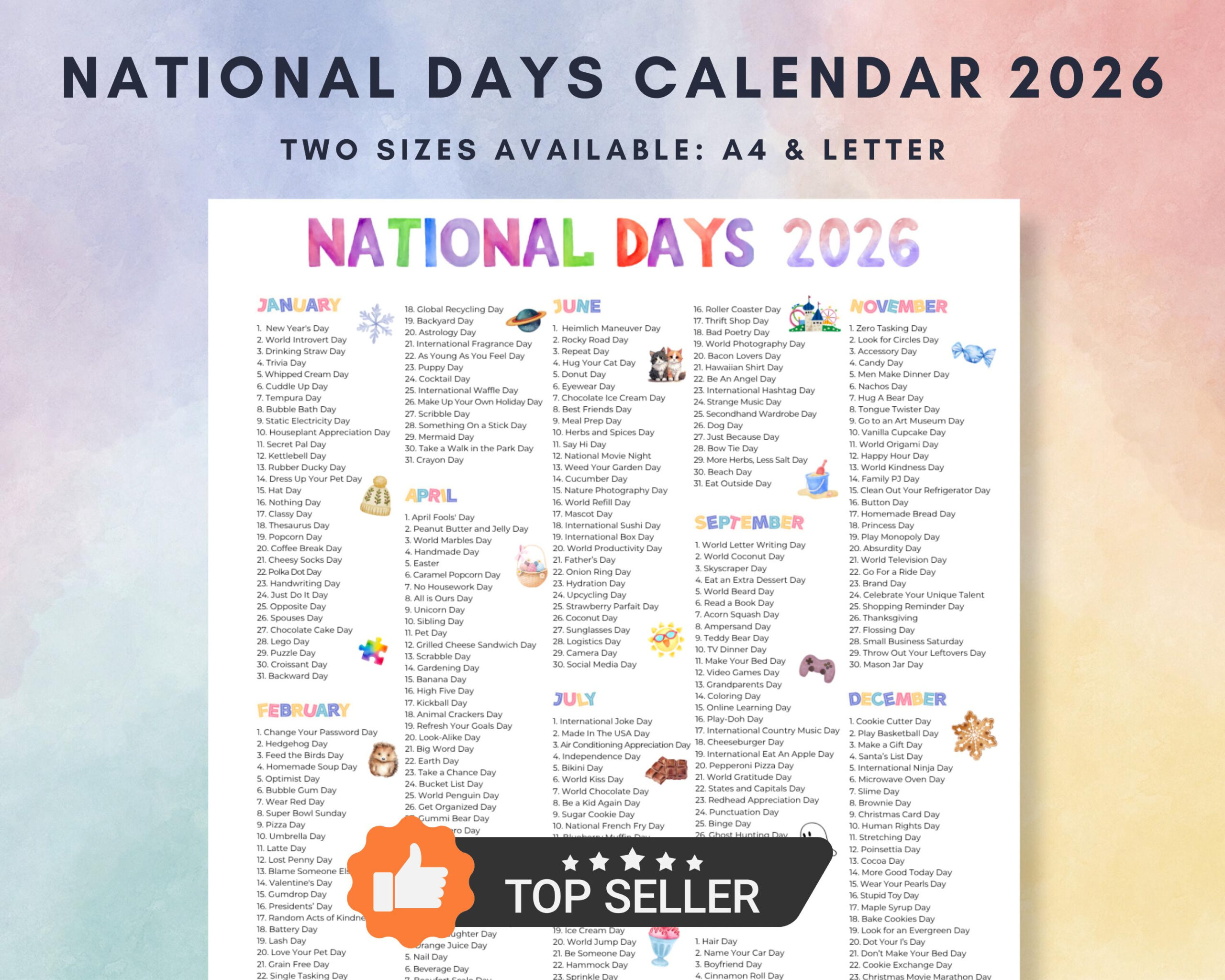 2026 National Days Calendar Printable (A4 &amp;amp; Letter Pdf) - Etsy Israel regarding National Day Calendar 2026 Printable Free