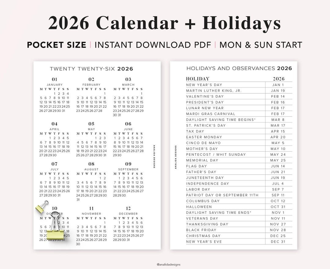 2026 Pocket Calendar With Holidays: Year At A Glance (Pdf regarding Pocket Calendar 2026 Printable