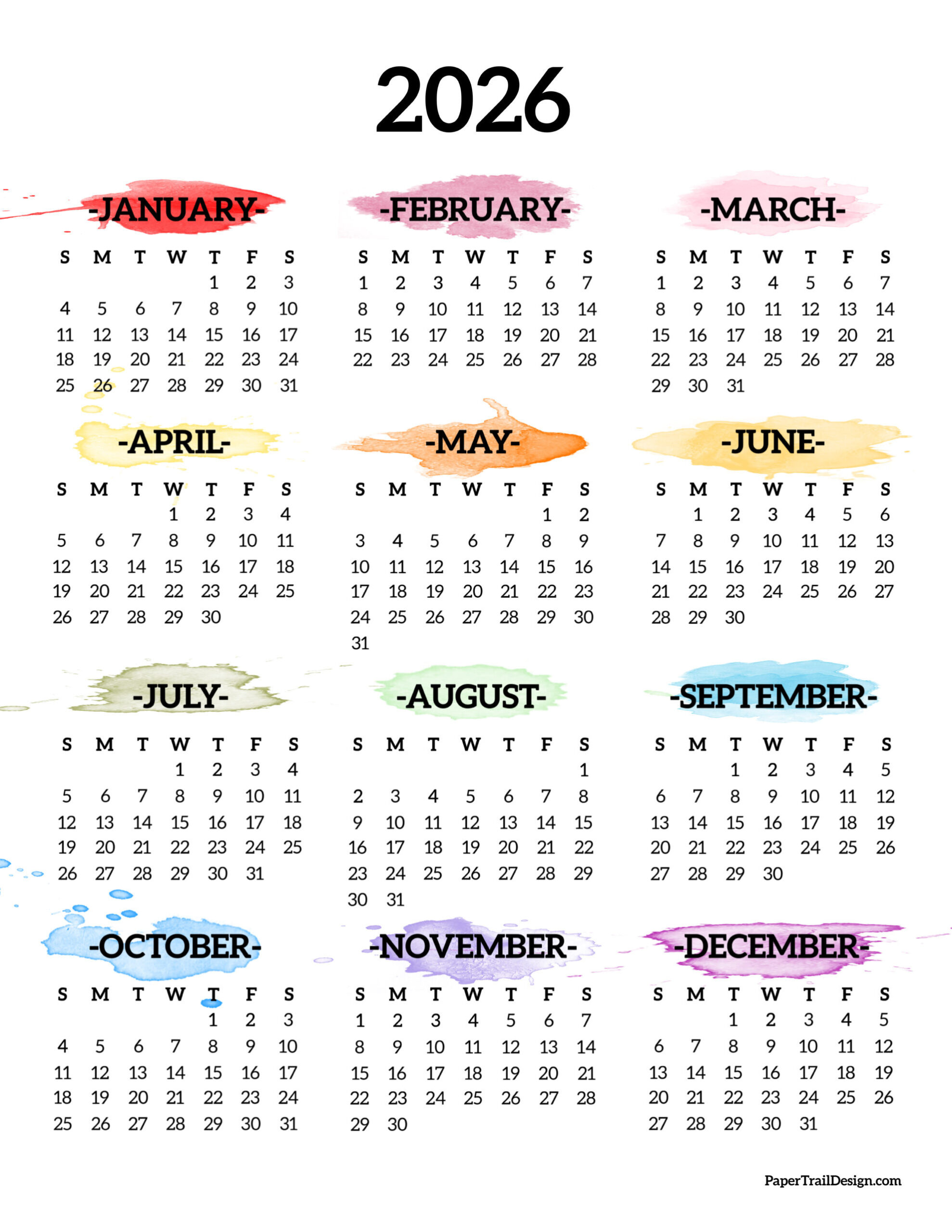 2026 Printable Calendar One Page - Paper Trail Design inside 2026 Calendar Printable Yearly Free