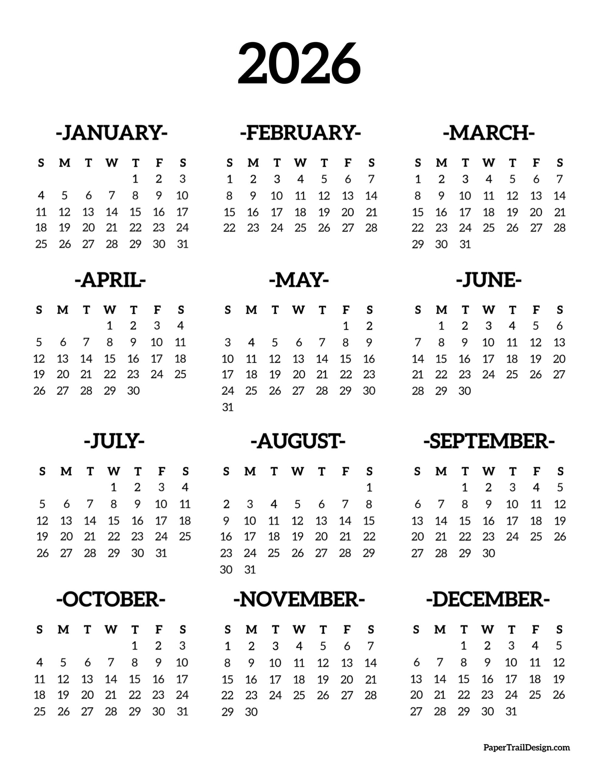 2026 Printable Calendar One Page - Paper Trail Design inside Calendar 2026 Printable One Page
