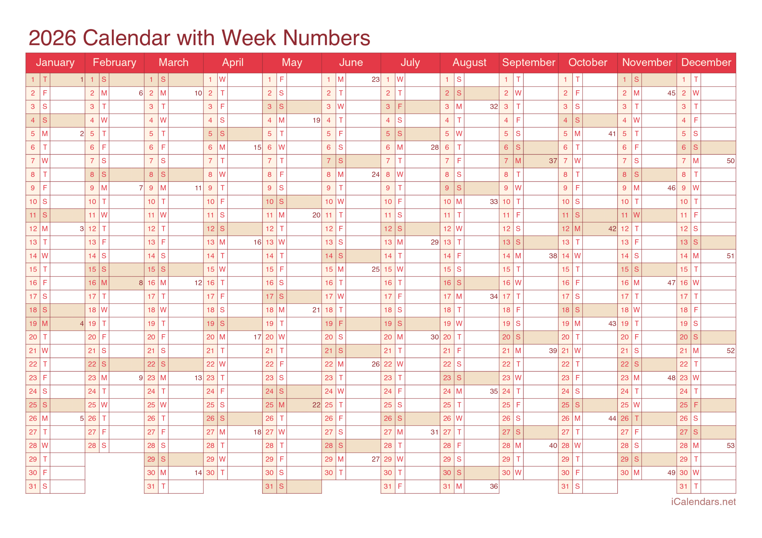 2026 Printable Calendar - Pdf Or Excel inside 2026 52 Week Calendar Printable