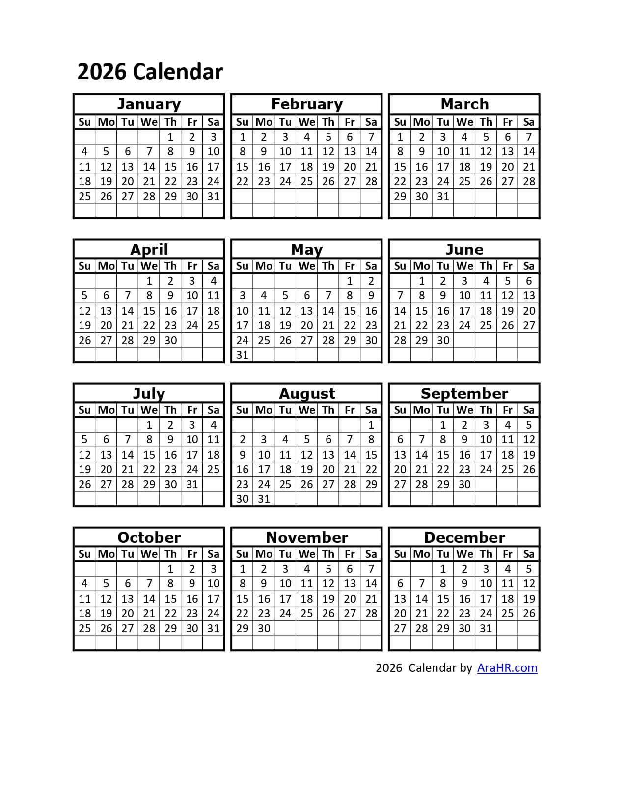2026 Printable Calendar Template - Excel - Pdf - Image pertaining to Free Printable 2026 Employee Attendance Calendar Free Download