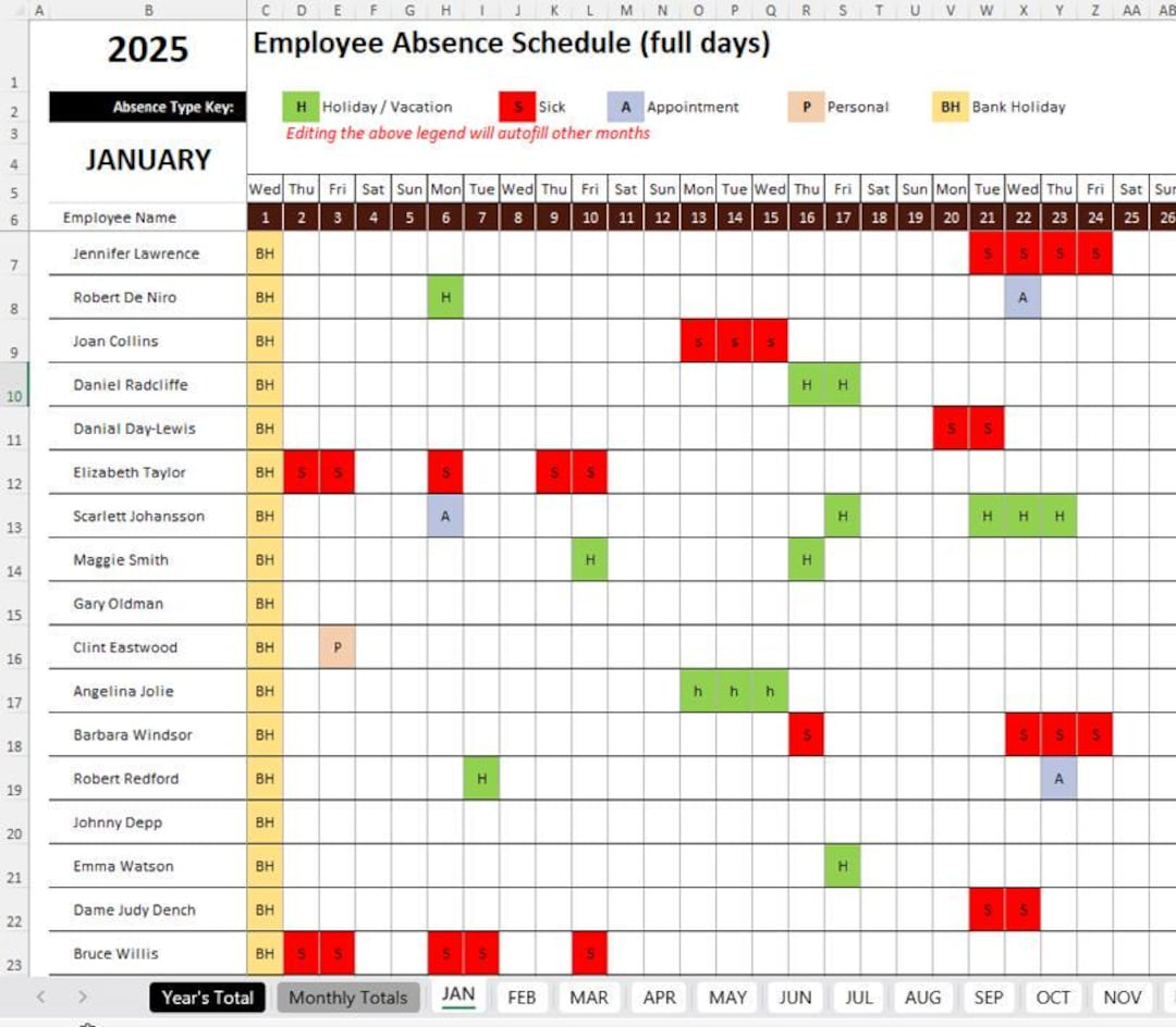 2026 Pro Jan-Dec Employees Annual Leave / Absence Tracker Staff for Employee Attendance Summary 2026