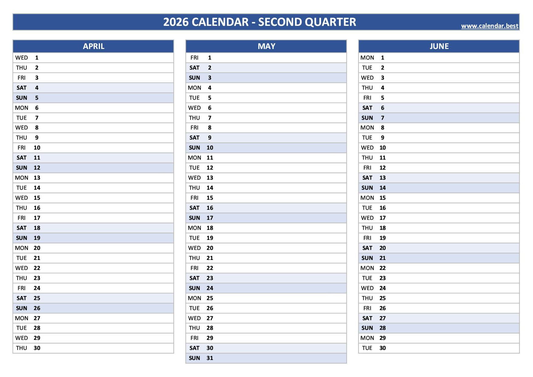 2026 Quarterly Calendar To Print in 2026 Quarterly Calendar Printable