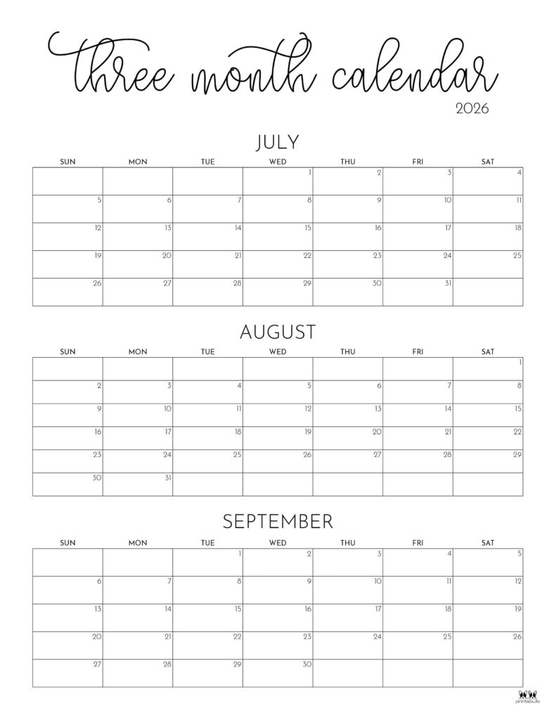 2026 Three Month/Quarterly Calendars - 36 Free Cals | Printabulls within 2026 Quarterly Calendar Printable