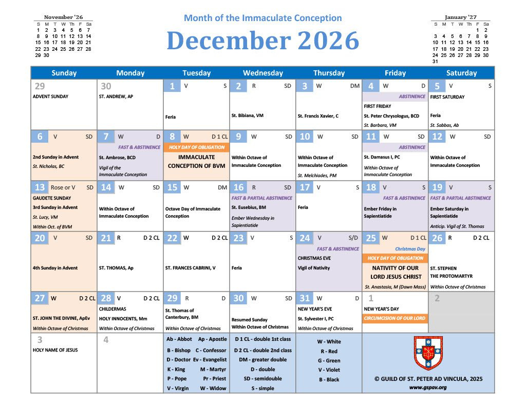 2026 Traditional Catholic Calendar - Guild Of St. Peter Ad Vincula within Roman Catholic Liturgical Calendar 2026