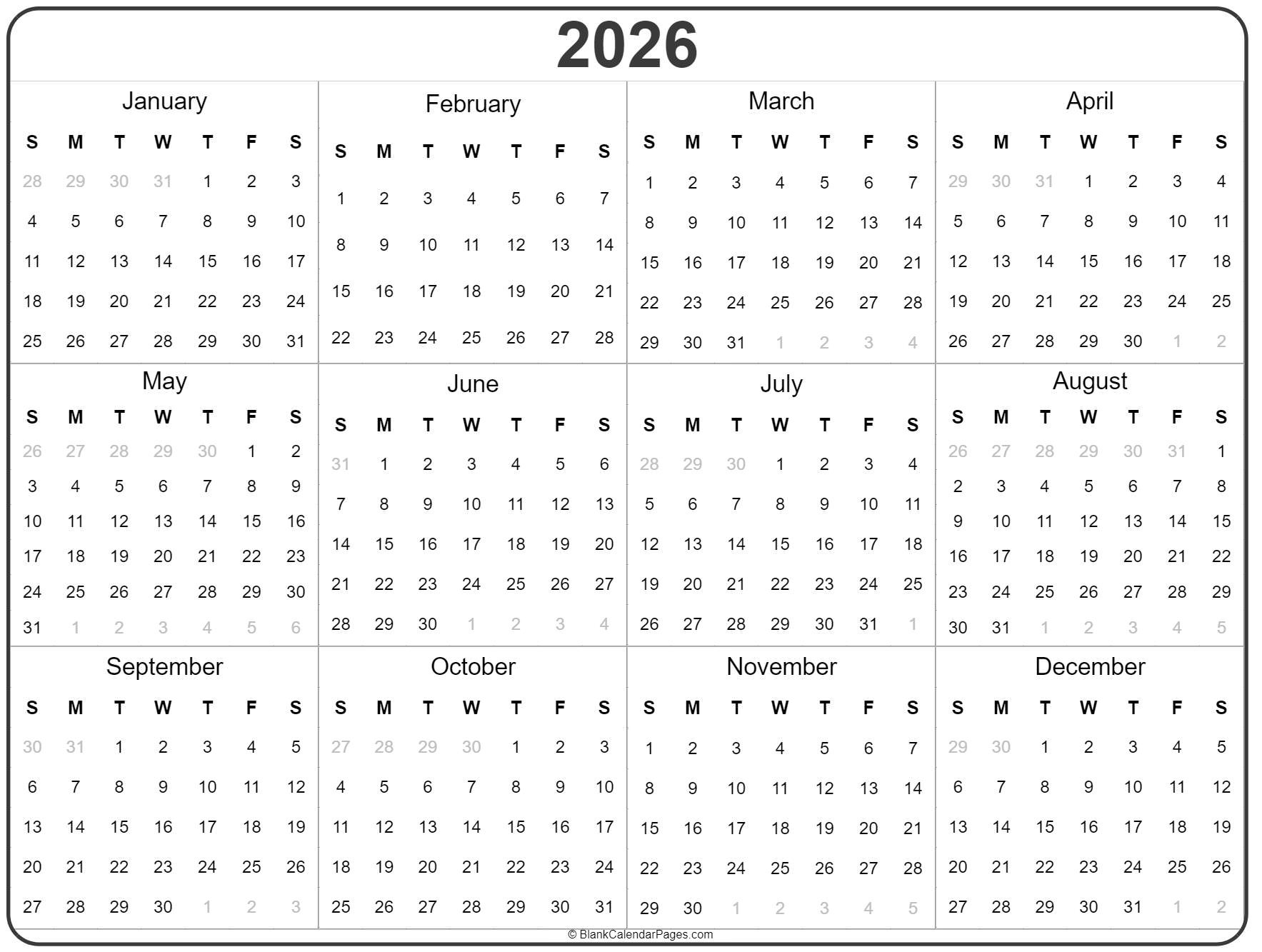2026 Year Calendar | Yearly Printable within 2026 Year at a Glance Calendar Printable Free