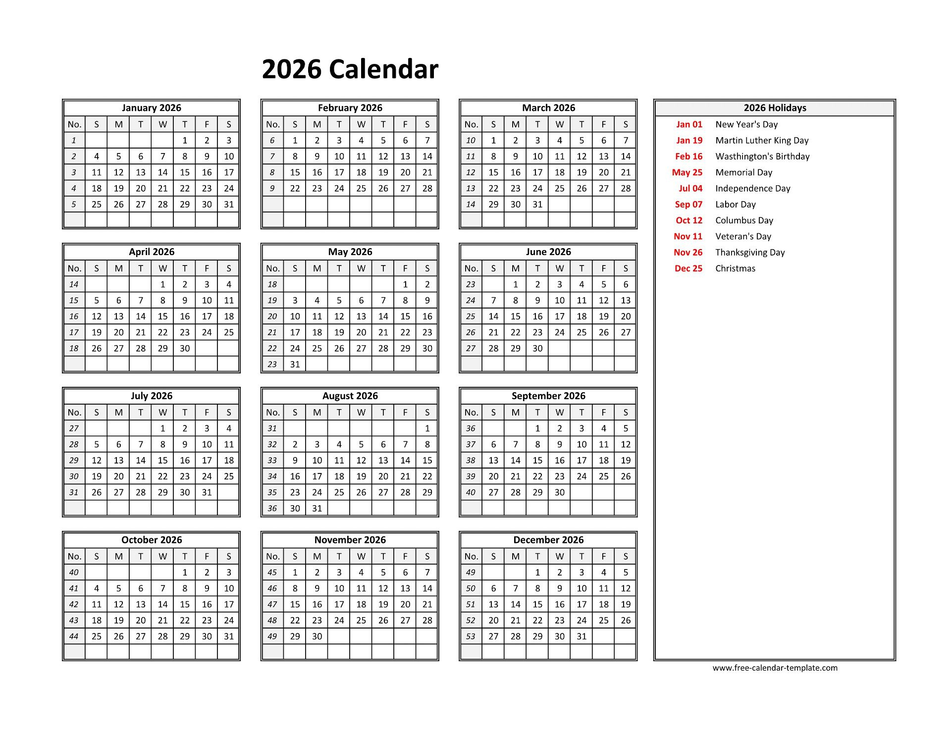 2026 Yearly Calendar Printable With Week Numbers | Free-Calendar throughout Employee Attendance Calendar 2026 Free