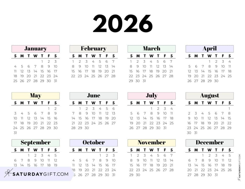 2026 Yearly Calendars - 35 Free Printables intended for 2026 Calendar Printable Pretty