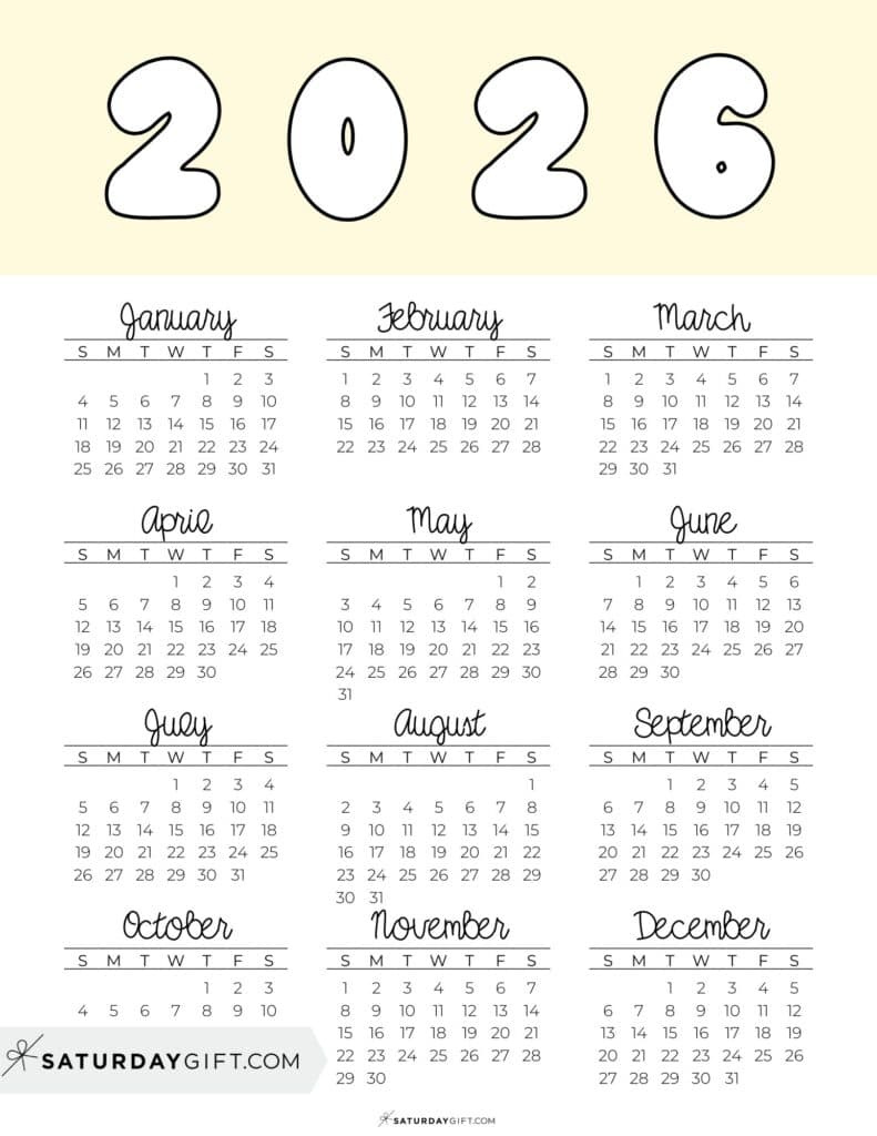 2026 Yearly Calendars - 35 Free Printables regarding 2026 At A Glance Calendar Printable