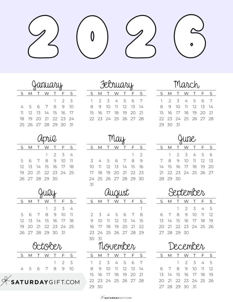 2026 Yearly Calendars - 35 Free Printables with 12 Month Calendar 2026 Printable