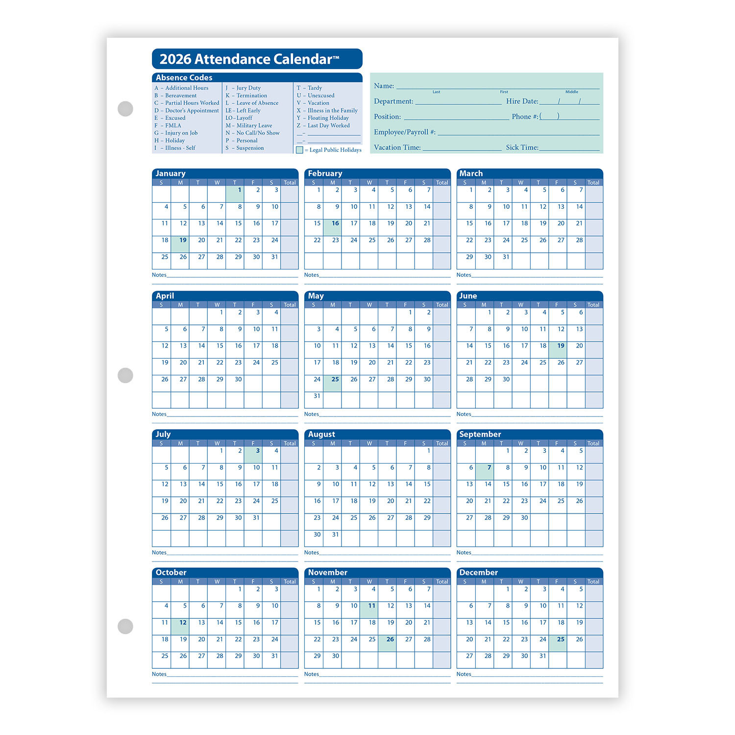 2026 Yearly Employee Attendance Calendar | Yearly Calendar | Hrdirect with Yearly Attendance Calendar 2026