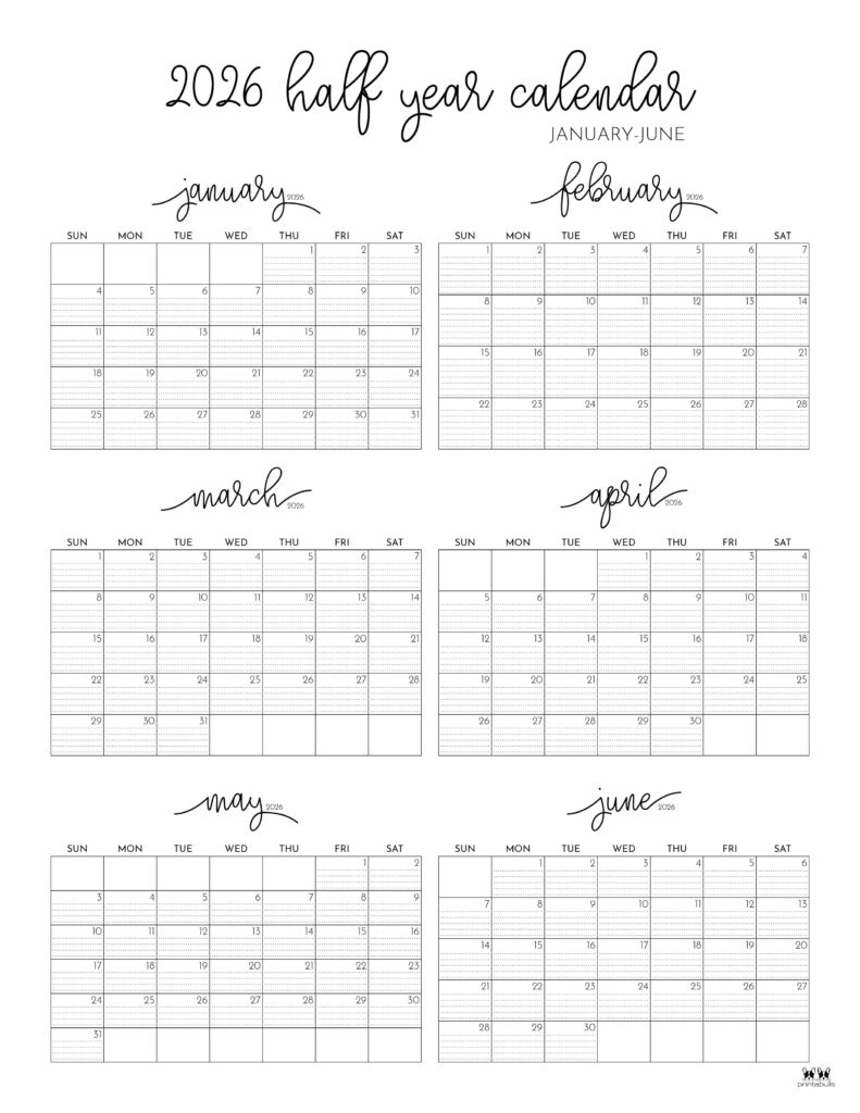 6 Month Calendars 2026 - 40 Free Calendars | Printabulls for January to June 2026 Calendar Printable