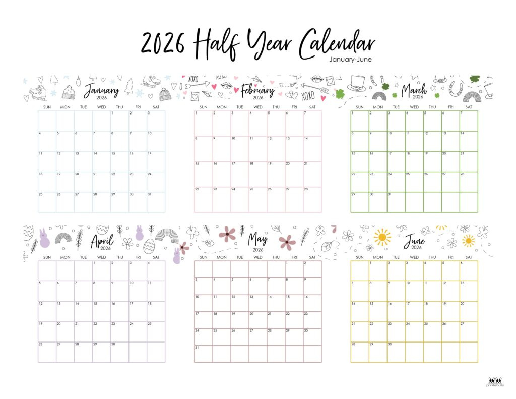 6 Month Calendars 2026 - 40 Free Calendars | Printabulls intended for January To June 2026 Calendar Printable