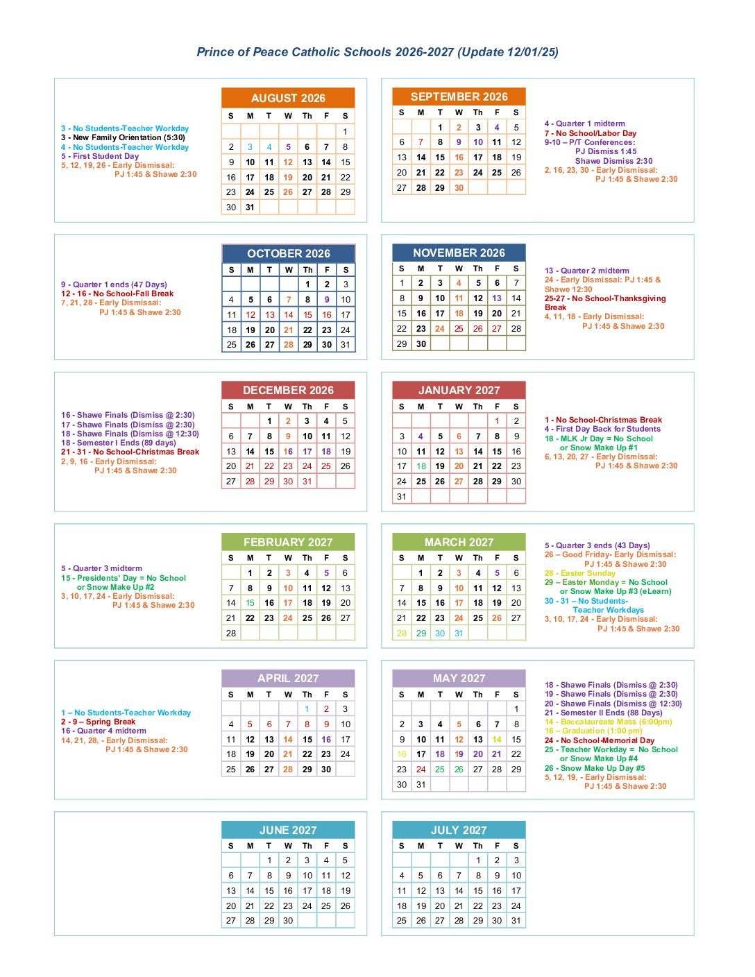 Academic &amp;amp; Lunch Calendars - Prince Of Peace Catholic Schools with regard to Catholic School Calendar 2026 - 2027