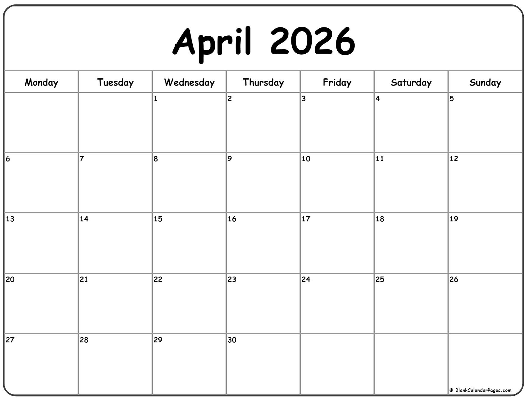 April 2026 Monday Calendar | Monday To Sunday intended for 2026 Calendar Printable Monday to Sunday