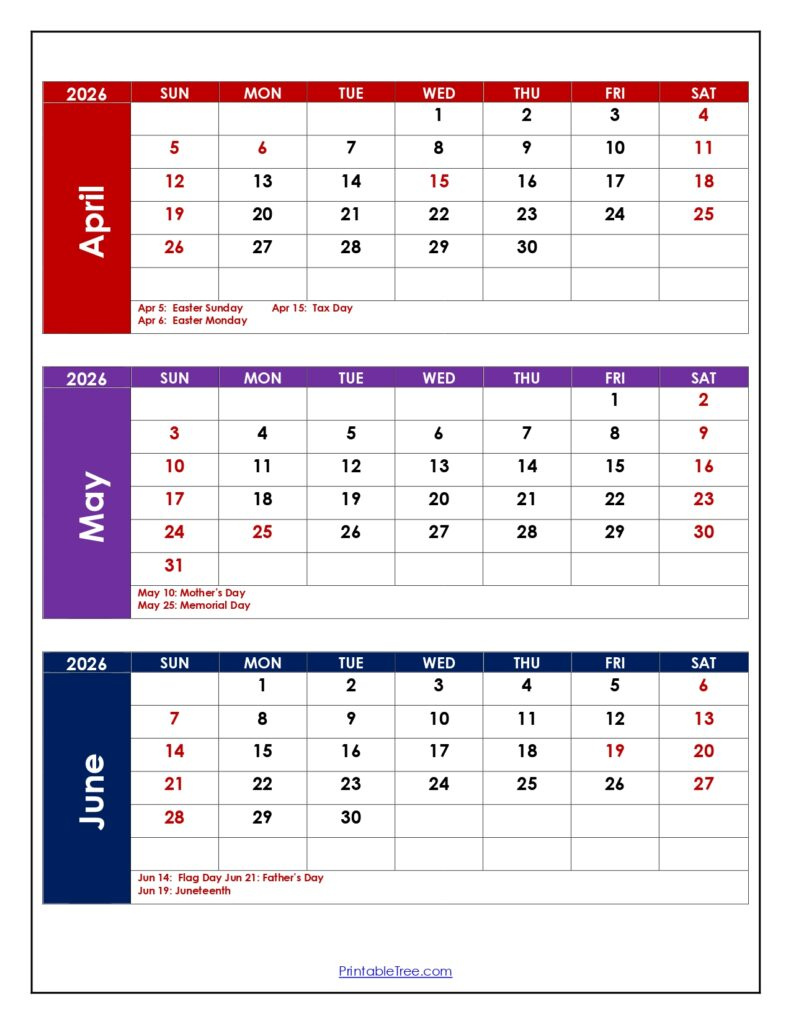 April To June 2026 Calendar | Three Month Calendar intended for Calendar 2026 Printable Free Uae