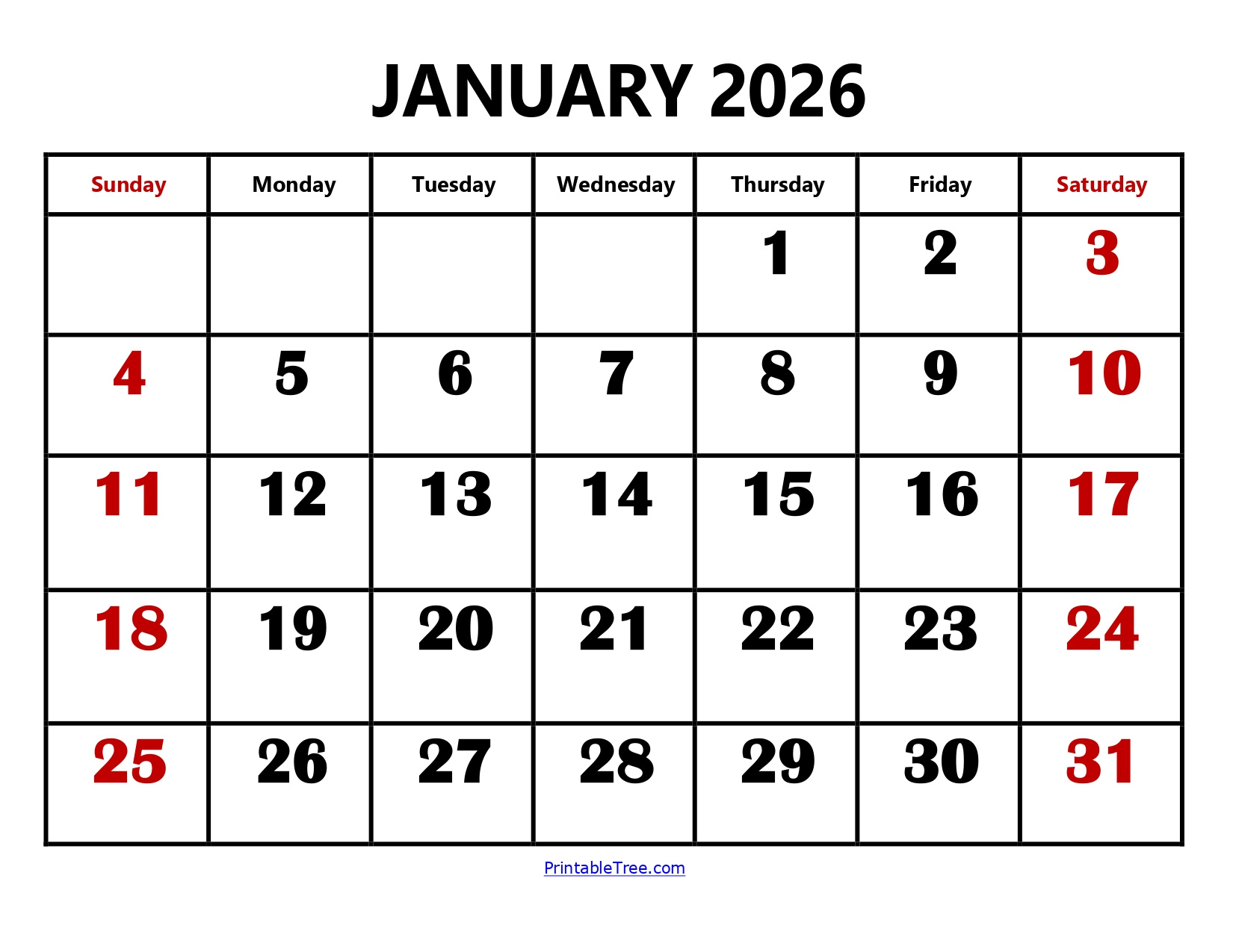 Blank January 2026 Calendar Printable Pdf Templates for Large Printable January 2026 Calendar