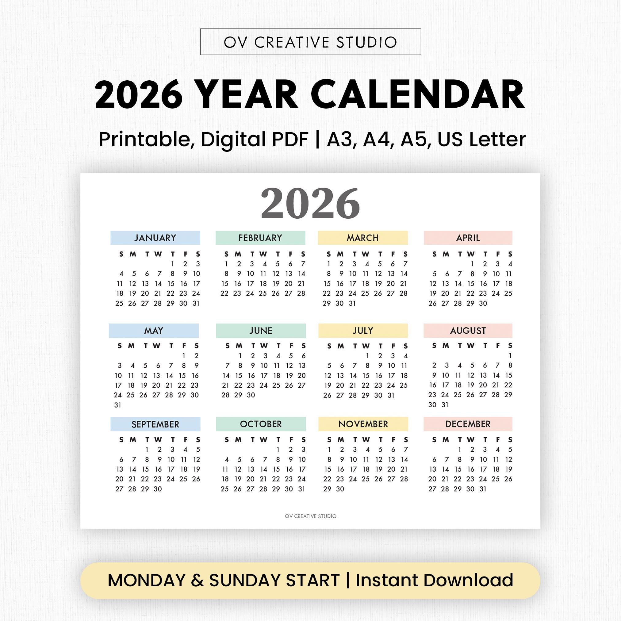 Buy 2026 Year Calendar Printable | Year At A Glance | Digital within At a Glance Calendars For 2026