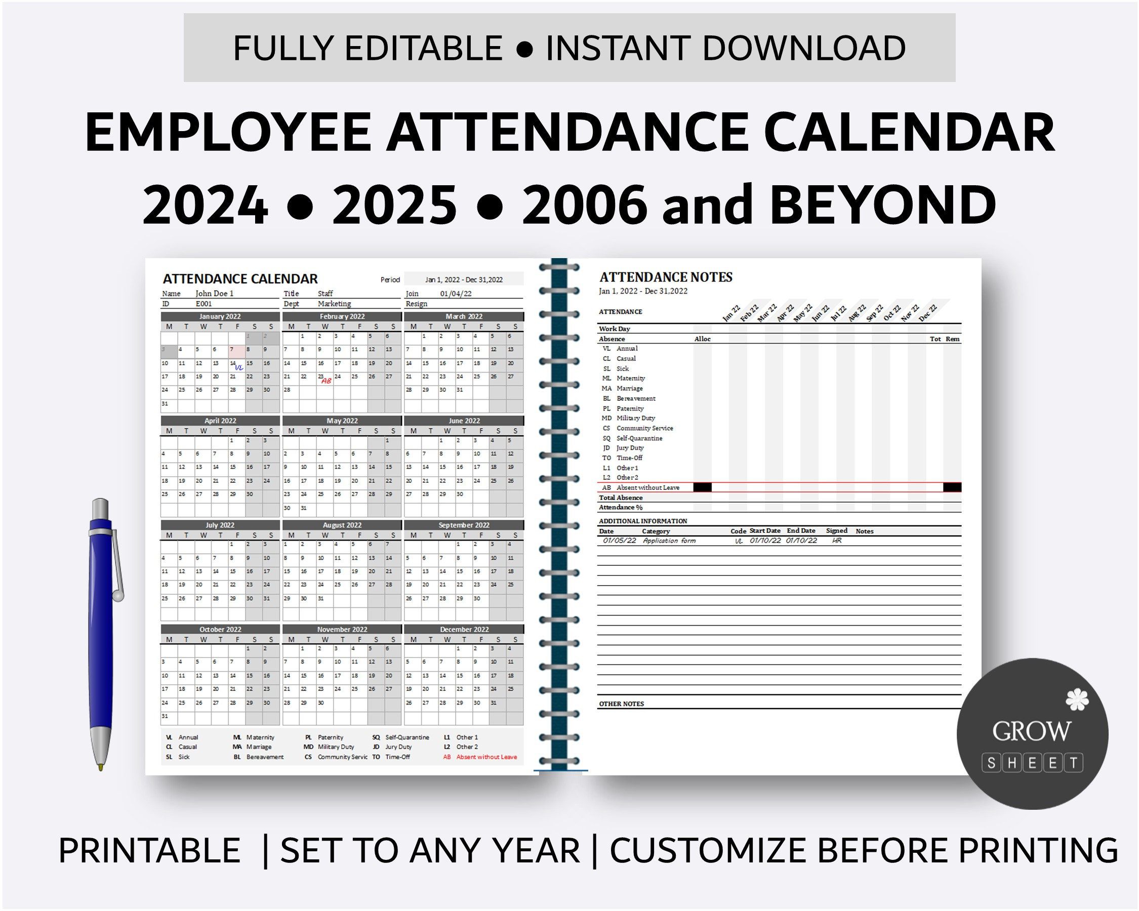 Buy Printable Employee Attendance Calendar | Custom Attendance within 2026 Employee Attendance Calendar Printable