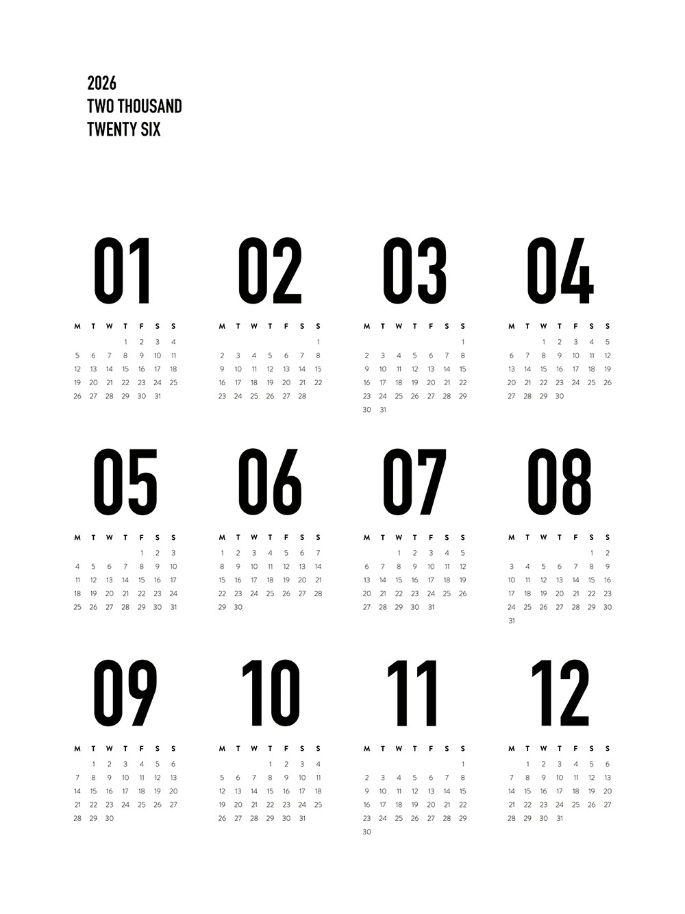 Calendar 2026 Bw Poster regarding Calendar 2026 and 2026