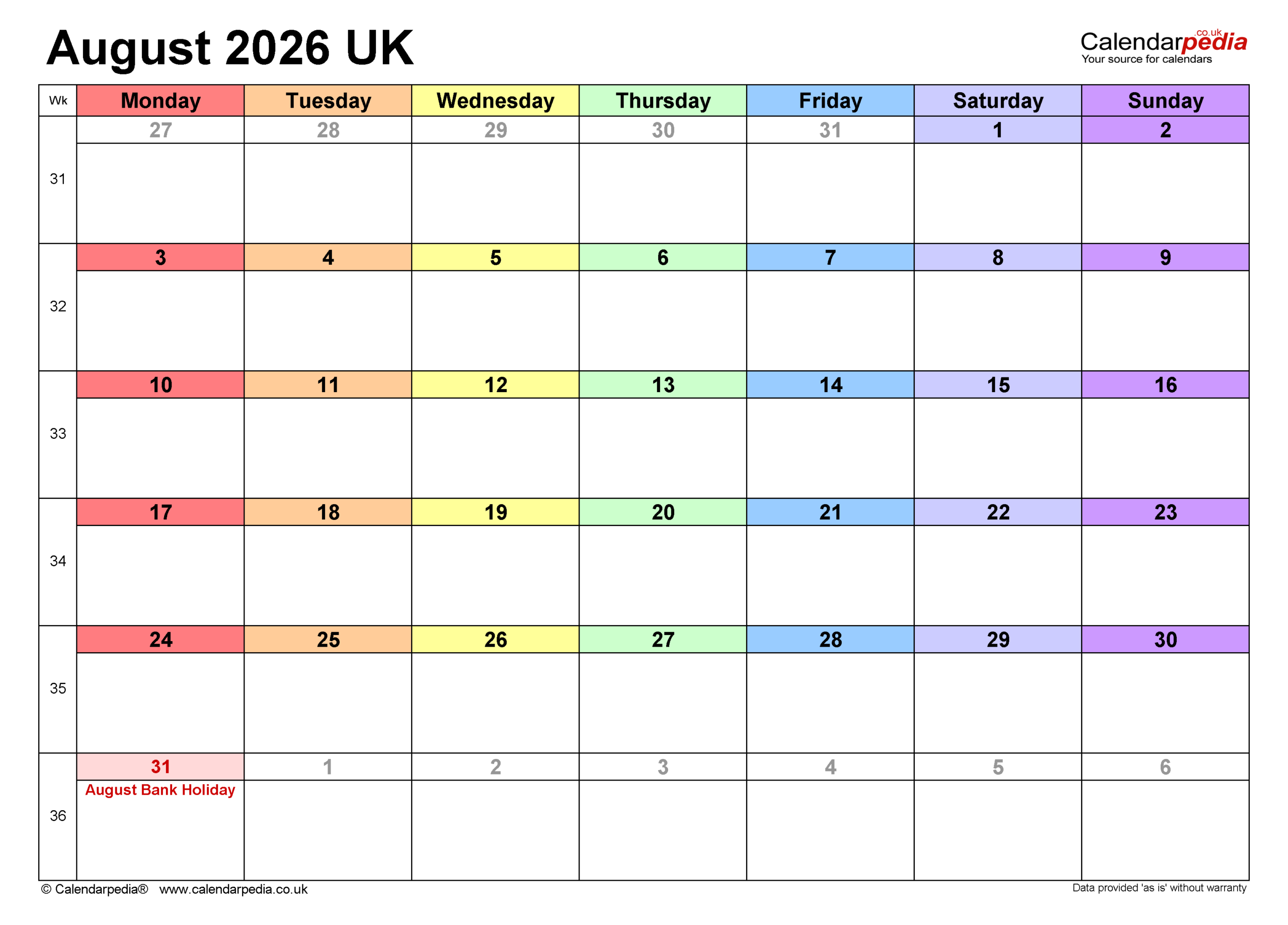 Calendar August 2026 Uk With Pdf, Excel And Word Templates within Attendance Sheet August 2026