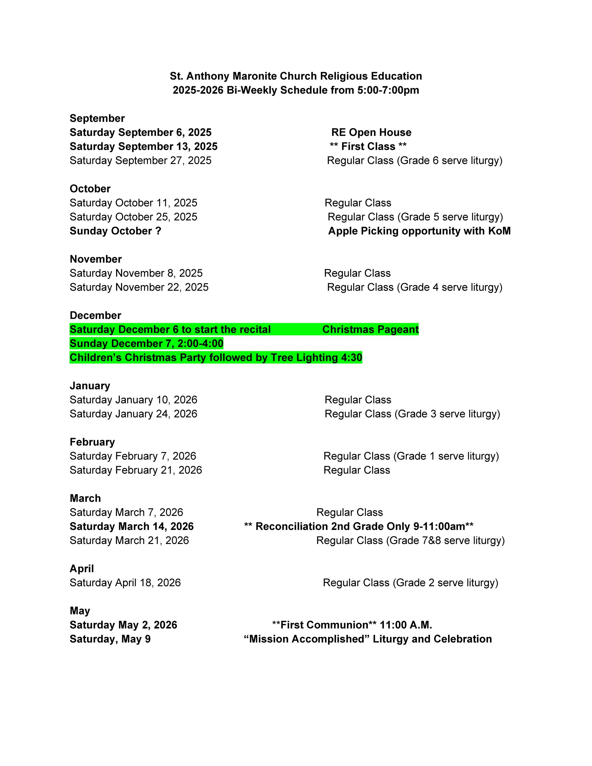 Calendar: Classes And Events – St Anthony Maronite Church for Maronite Liturgical Calendar 2026