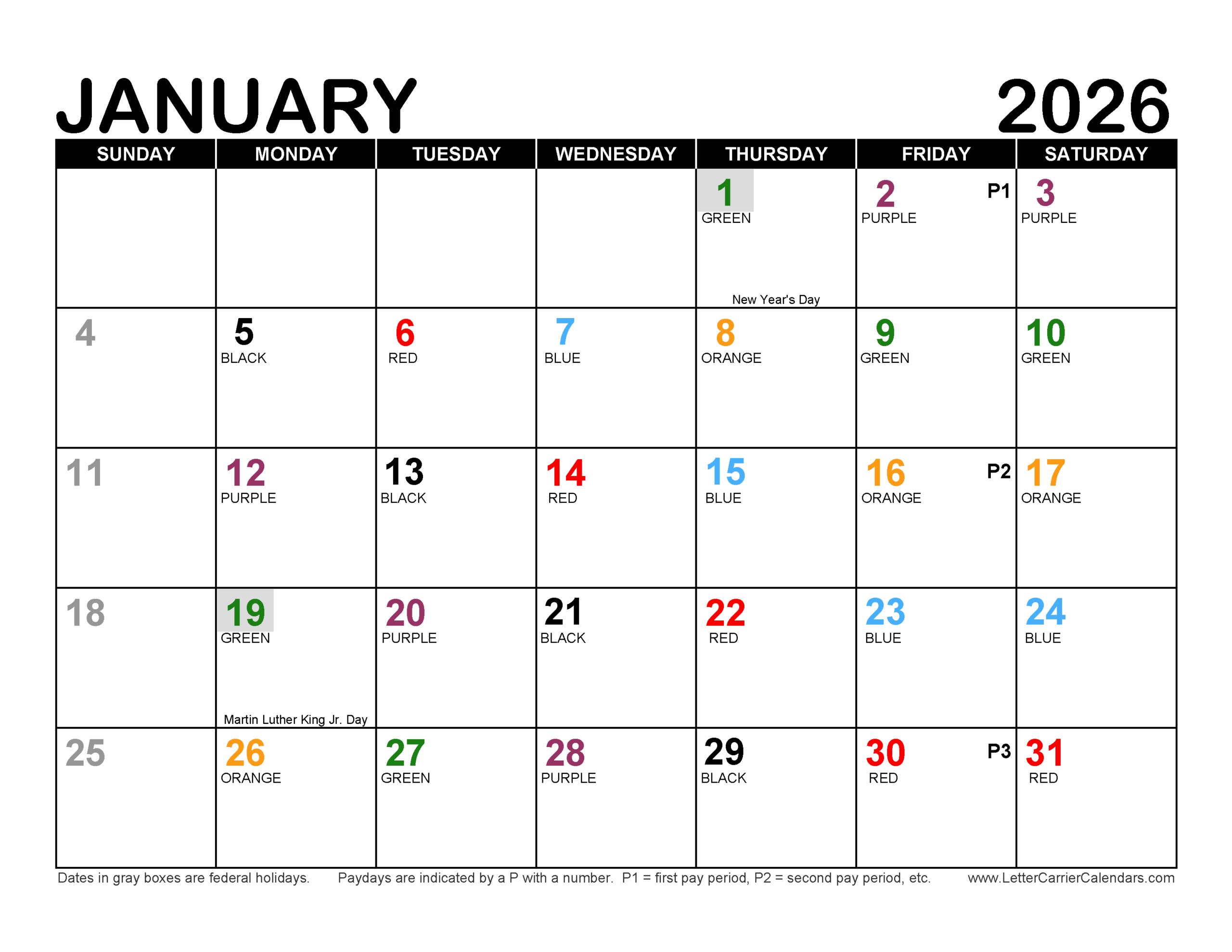 Calendars within USPS Color Coded Calendar 2026 Printable