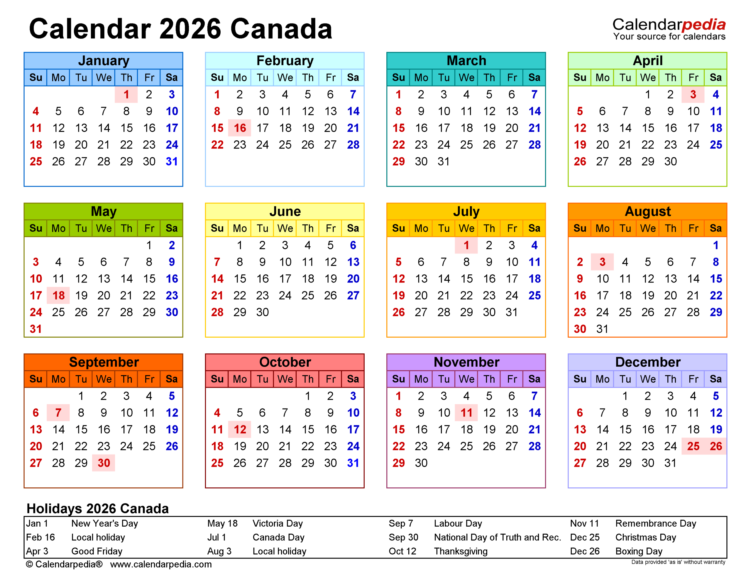 Canada Calendar 2026 - Free Printable Pdf Templates within 2026 Calendar Canada With Holidays Printable