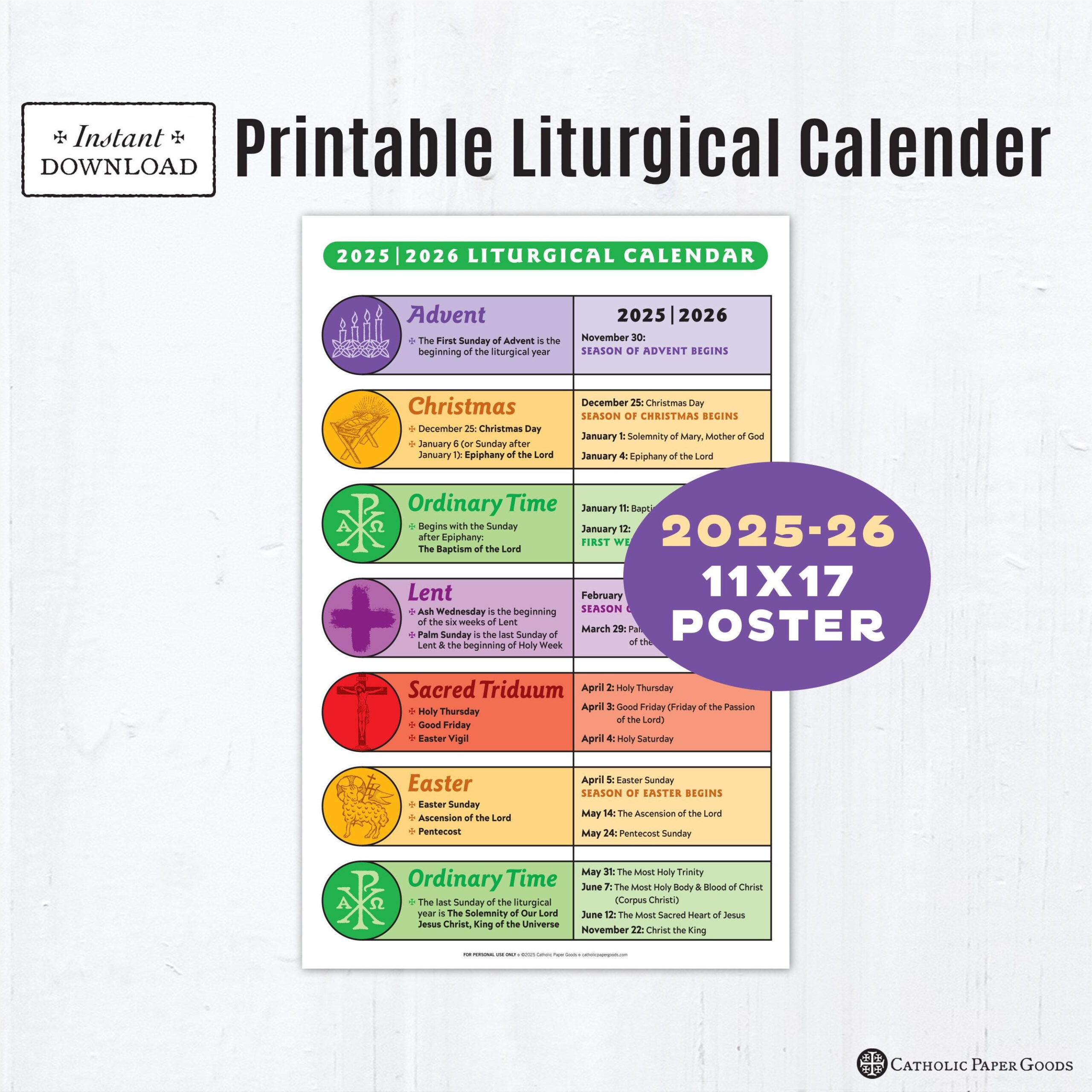 Catholic Liturgical Calendar 2025-26: 11X17 Color Poster (Digital inside Liturgical Calendar 2026 Philippines