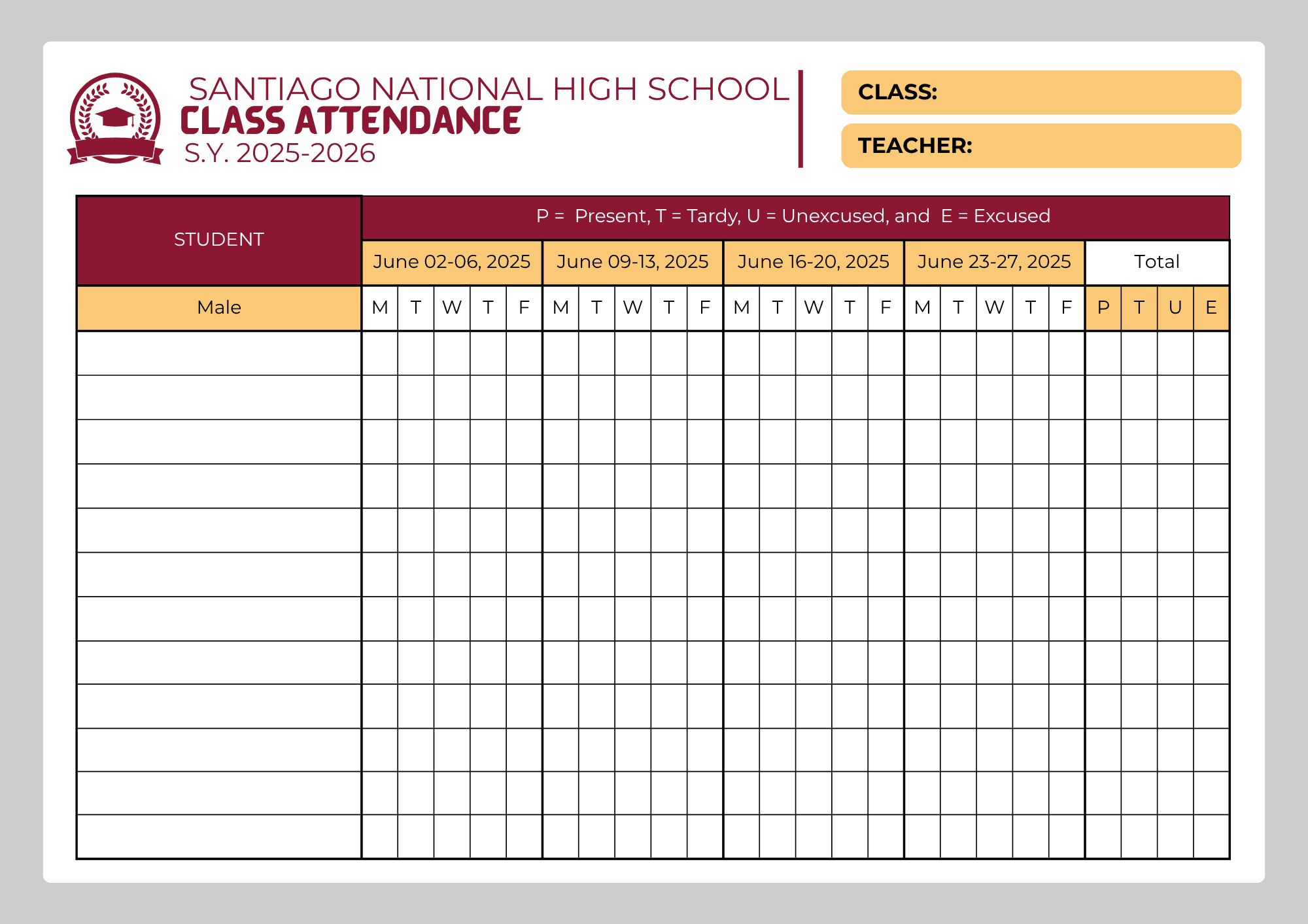 Class Attendance For Beginner Teachers/ Adviser inside National School Attendance 2026