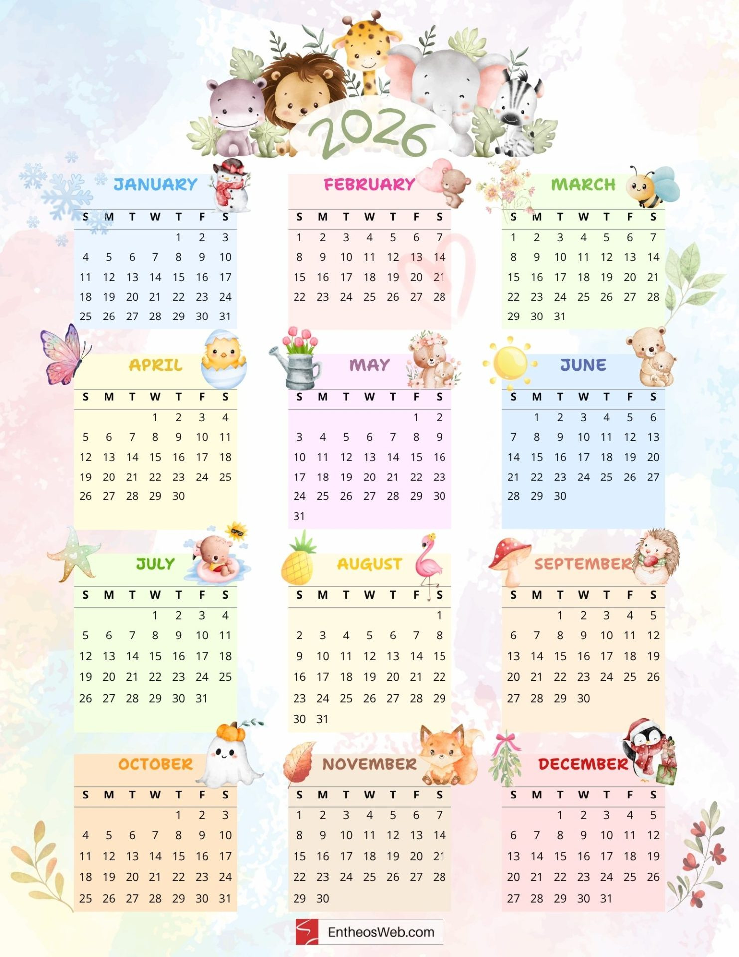Cute 2026 Free Printable Calendar | Entheosweb intended for 2026 Calendar Printable Cute