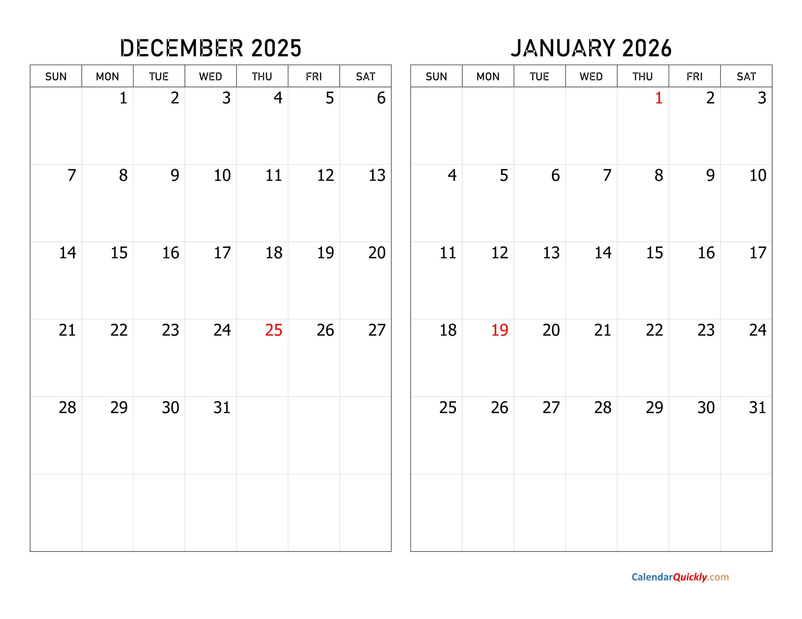 December 2025 And January 2026 Calendar | Calendar Quickly inside Free Printable December 2025 - January 2026 Calendar