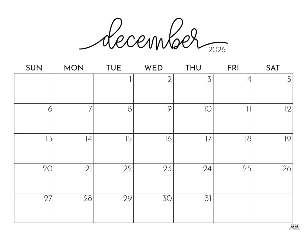 December 2026 Calendars - 123 Free Printables | Printabulls pertaining to December 2026 Calendar Printable Free