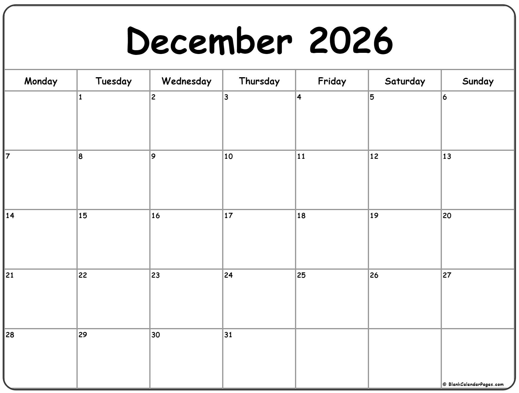 December 2026 Monday Calendar | Monday To Sunday inside 2026 Calendar Printable December