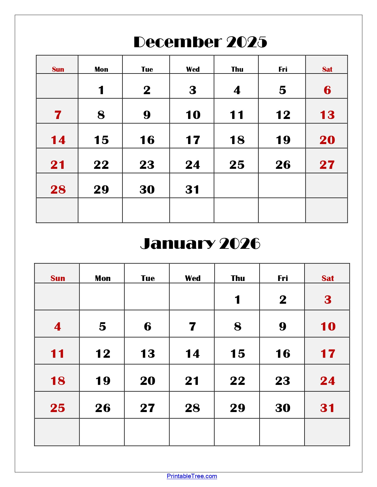 December And January 2026 Calendar Printable Pdf | Two Months Calendar regarding Printable December 2025 And January 2026 Calendar