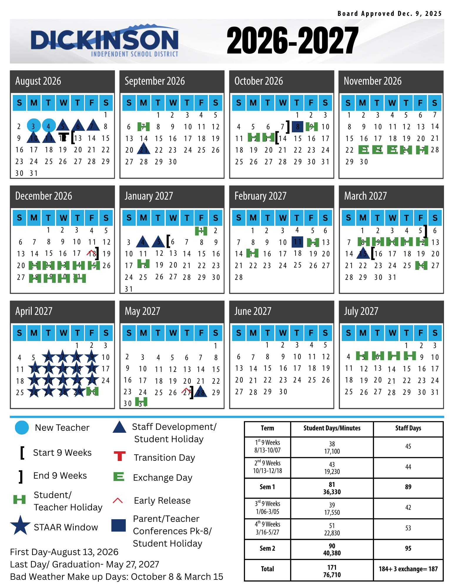 Dickinson Independent School District in Disd 2025 to 2026 Calendar Printable