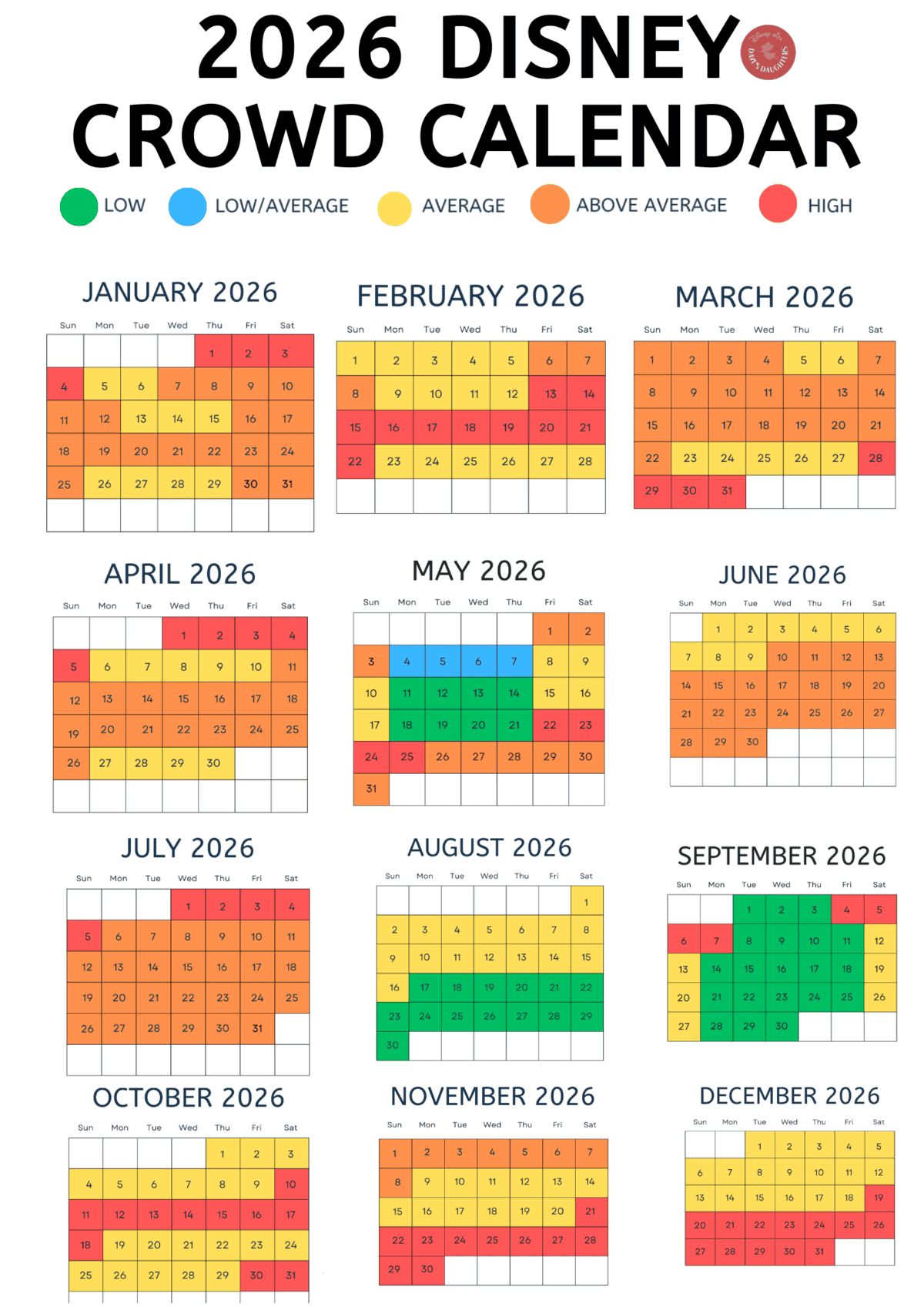 Disney World Crowd Calendar 2026 in Disney World Attendance Calendar 2026