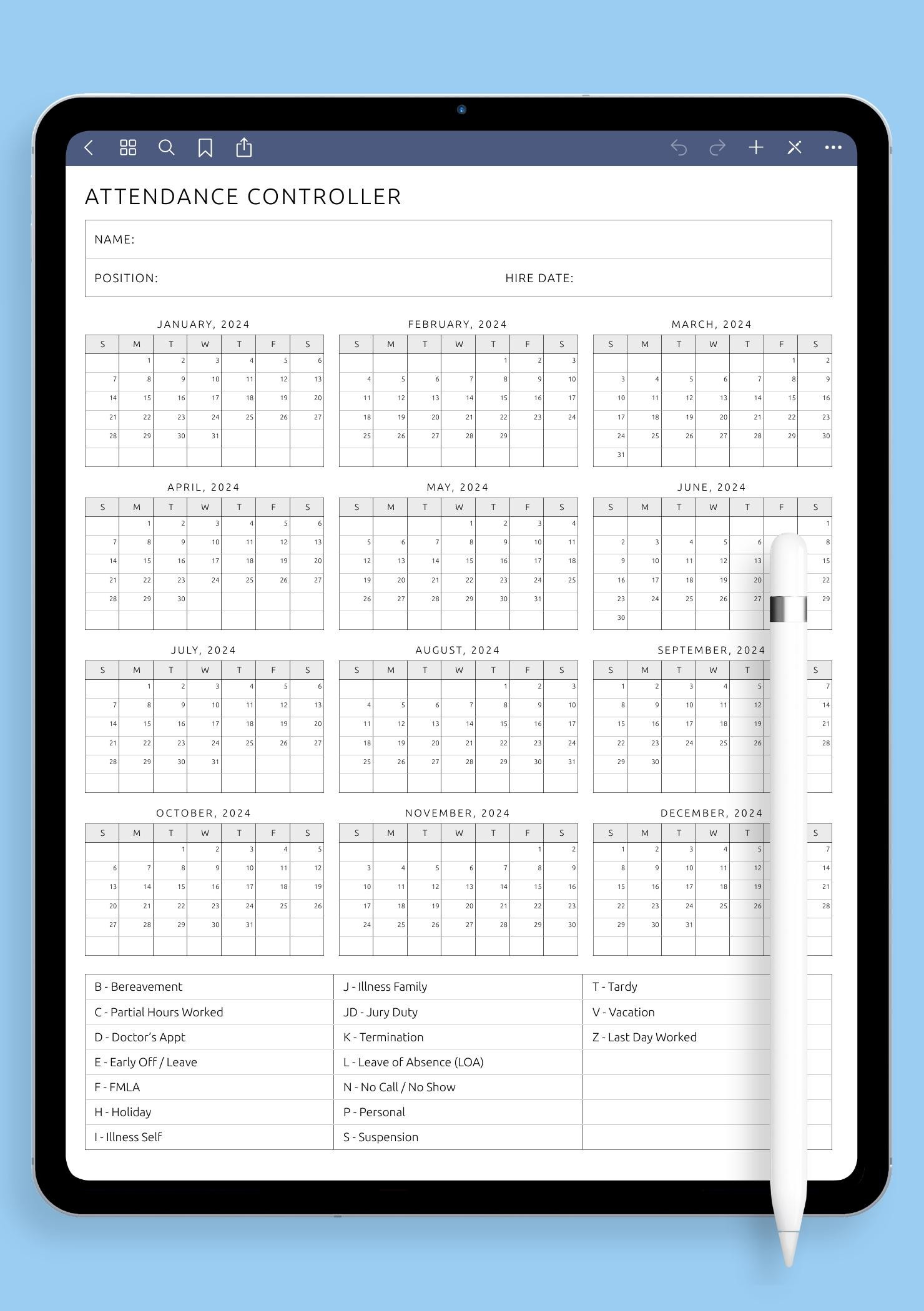 Download Printable Attendance Controller Template Pdf pertaining to Free Printable 2026 Employee Attendance Calendar Free Download