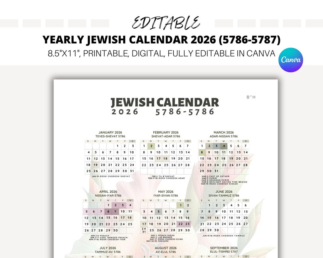 Editable Yearly Jewish Calendar 2026, Jewish Holidays, Canva throughout Jewish Calendar 2026 Printable