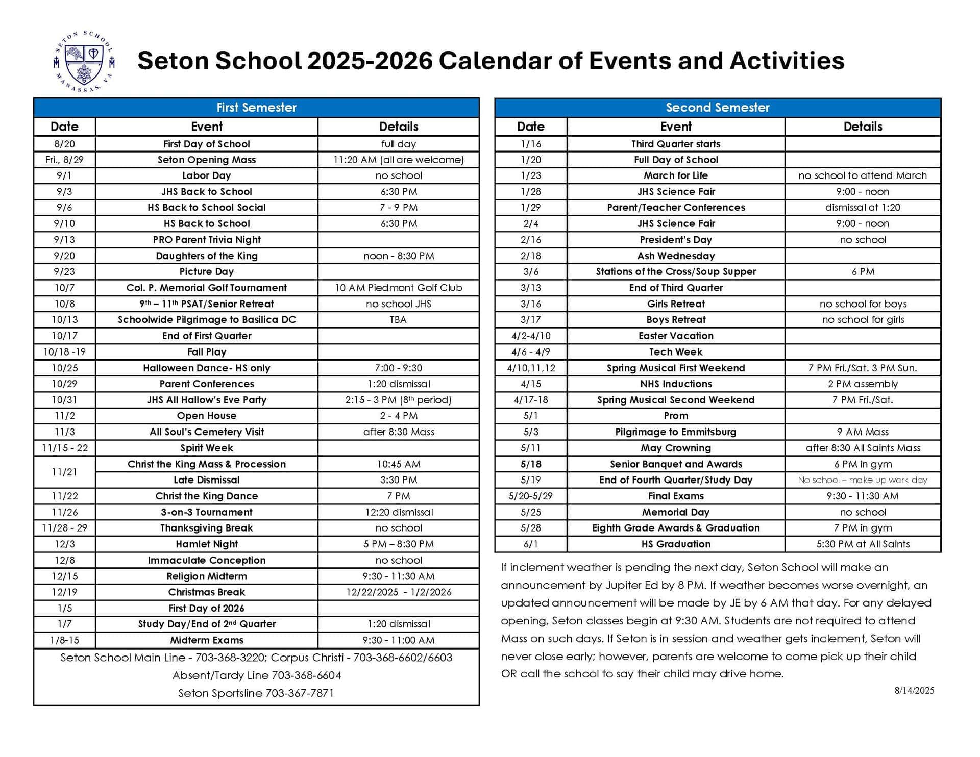 Events Calendar | Seton School Manassas within Seton Catholic College Calendar 2026