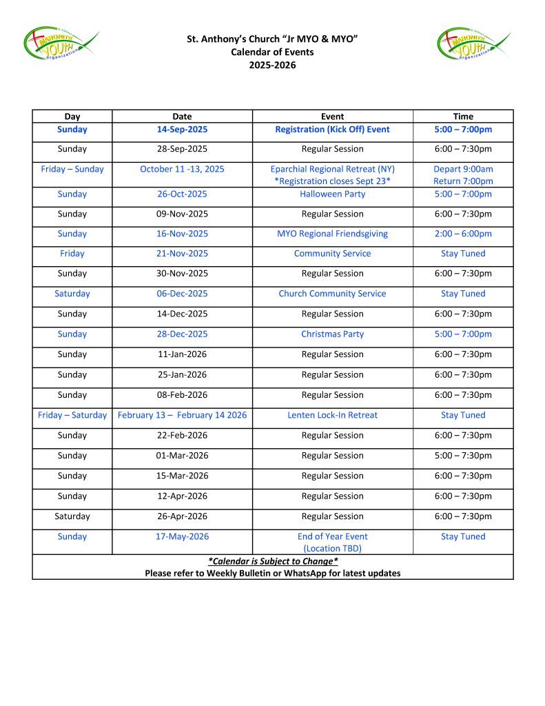 Events – St Anthony Maronite Church within Maronite Liturgical Calendar 2026