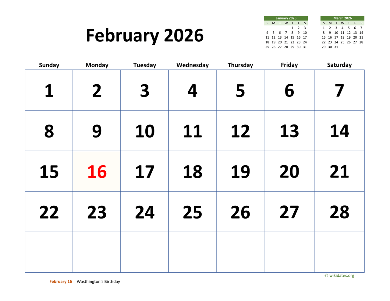 February 2026 Calendar With Extra-Large Dates | Wikidates pertaining to February 2026 Calendar Printable Wiki