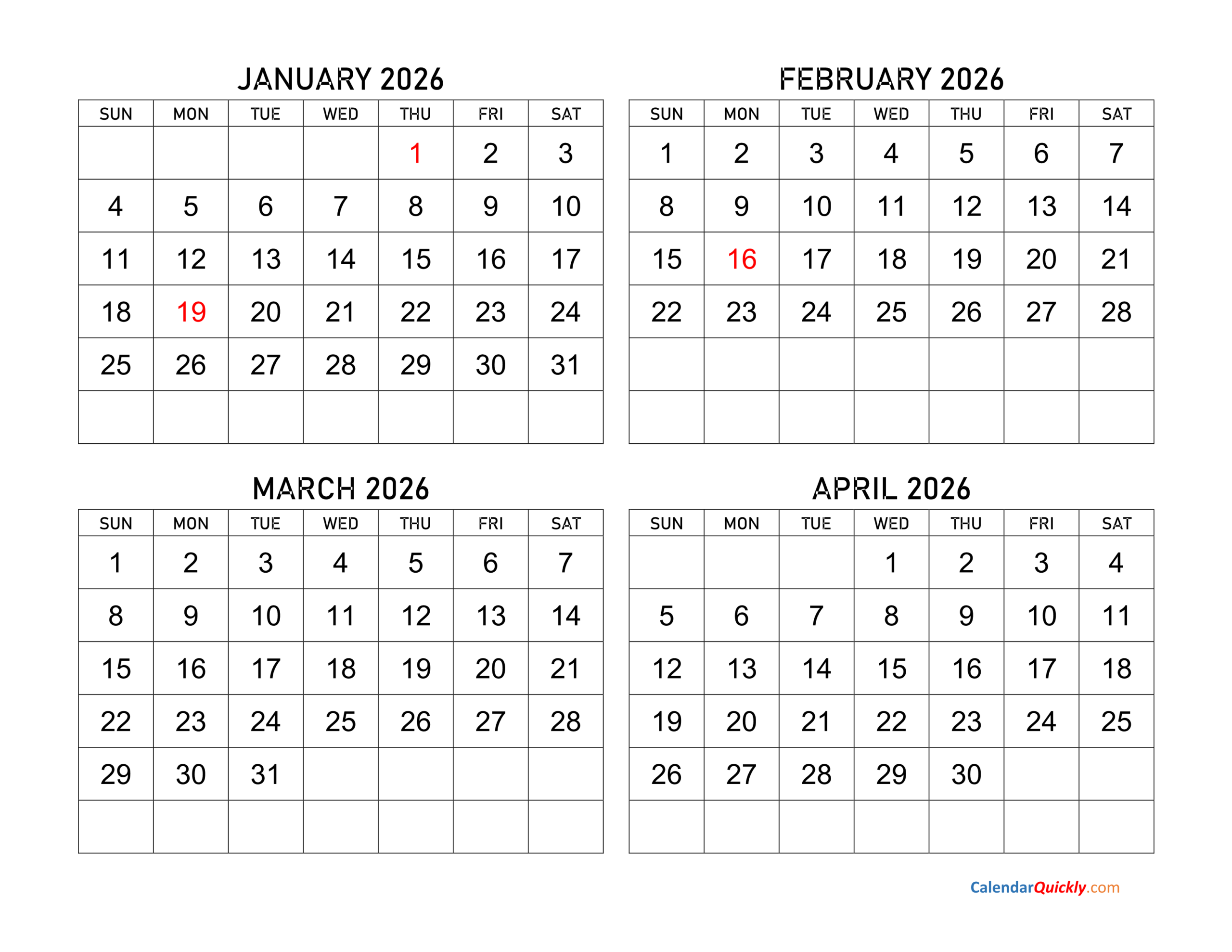 Four Months 2026 Calendar | Calendar Quickly with Printable 4 Month Calendar 2026