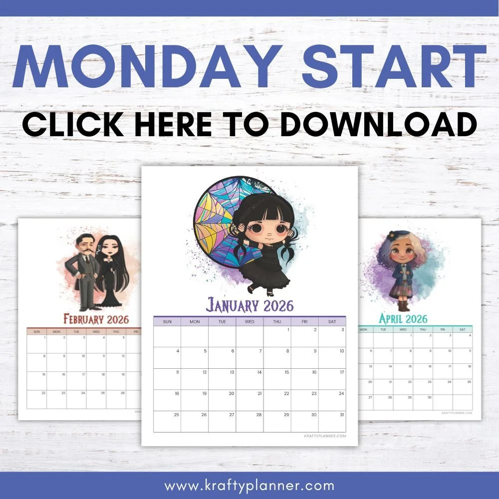 Free 2026 Wednesday Addams Calendar — Krafty Planner for How Many Wednesdays Are There in 2026?