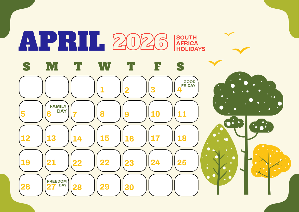 Free April 2026 South Africa Calendar Template To Edit Online inside 2026 Calendar Printable South Africa